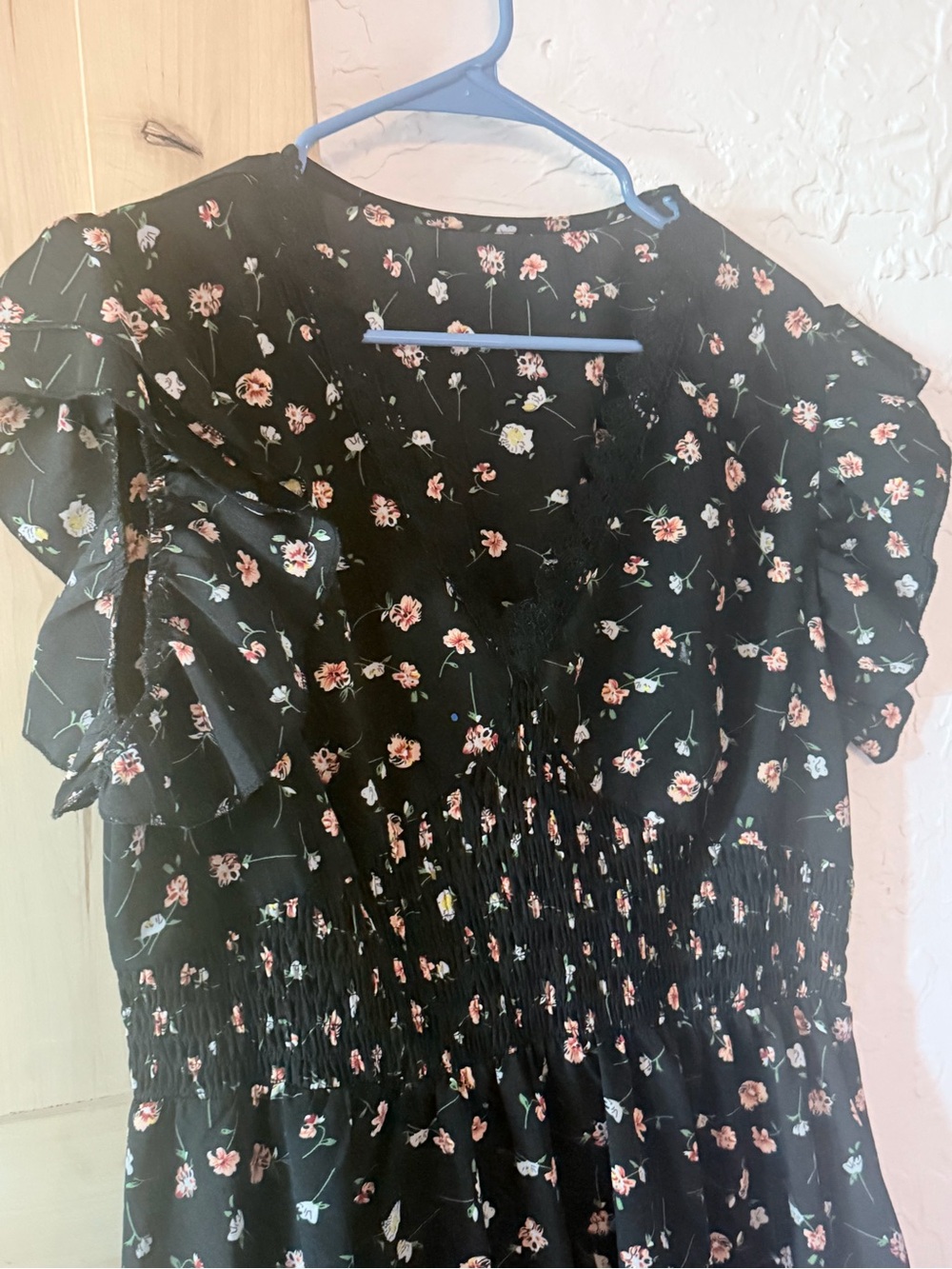 Black Floral Smocked Midi Dress with Ruffle Sleeves